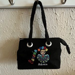 Mexico Embroidered black small purse with silver zipper closure